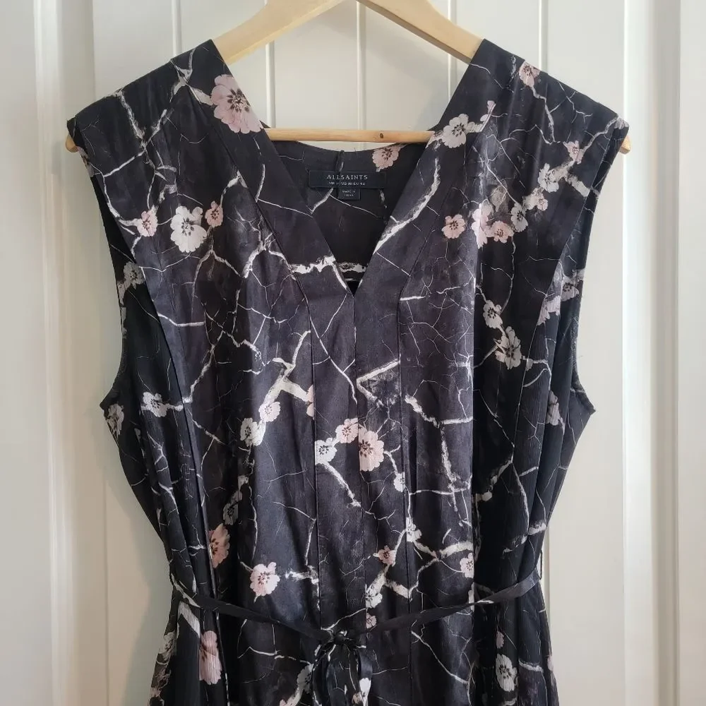 AllSaints Kariian Hope Silk Blend Midi Dress Gray Pink Floral Size 10 - Picture 2 of 6